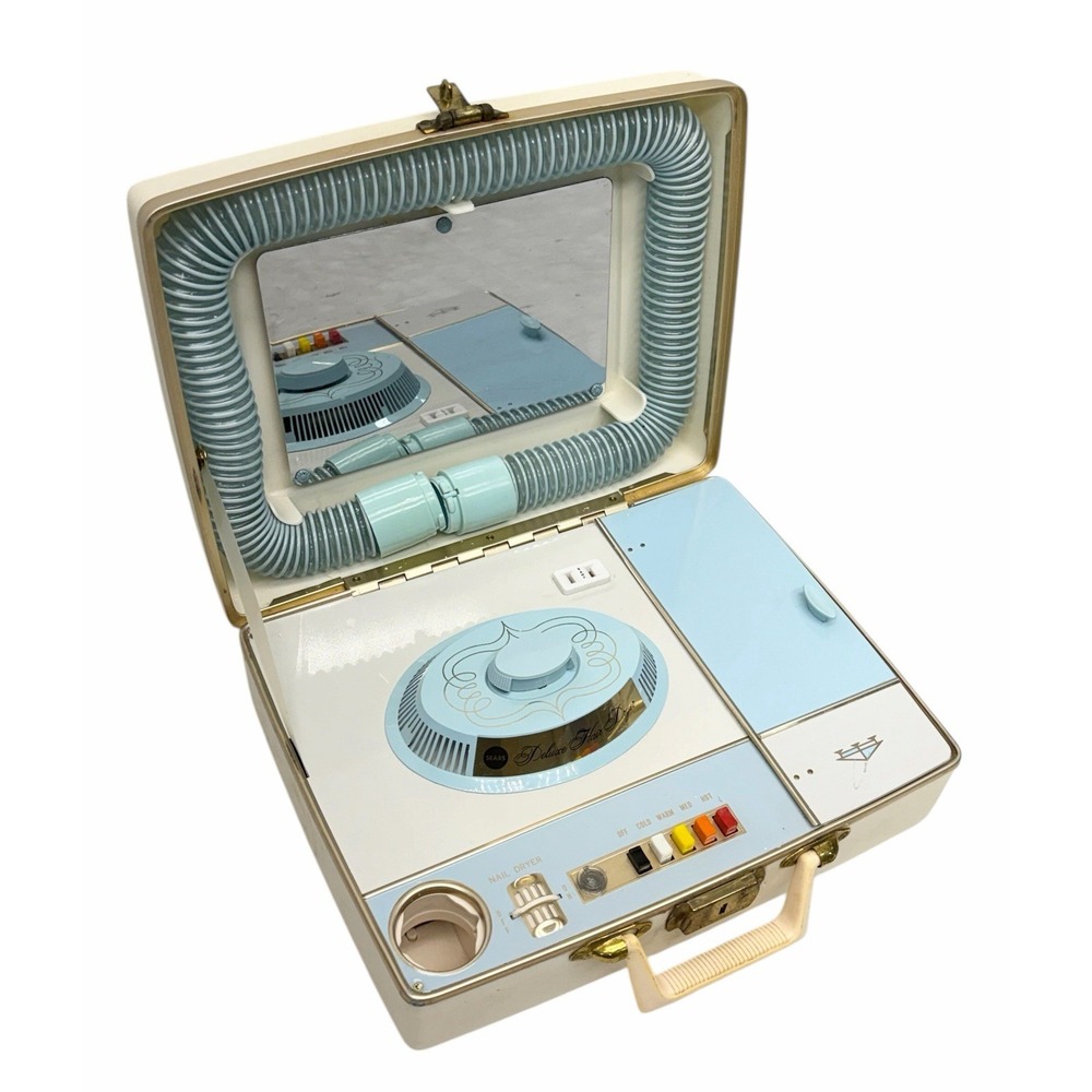 Vintage Sears Deluxe Kenmore Bonnet Portable Hair & Nail Dryer Baby Blue -Extras